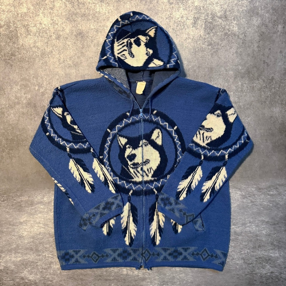 VTG Wool Wolf Dreamcatcher Zip Up Hoodie Native American Blue Mens XL Ecuador